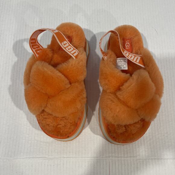 UGG Women Sz 6 Disco Knot Slide Platform Genuine Shearling Slip On Sandal Orange - Picture 3 of 13